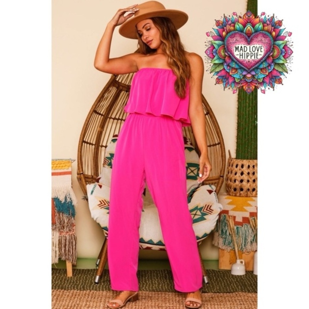 Fantastic Fawn Hot Pink Strapless Wide Leg Jumpsuit